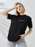 Unisex Bisiklet Yaka Baskılı Slim Fit T-Shirt - Siyah