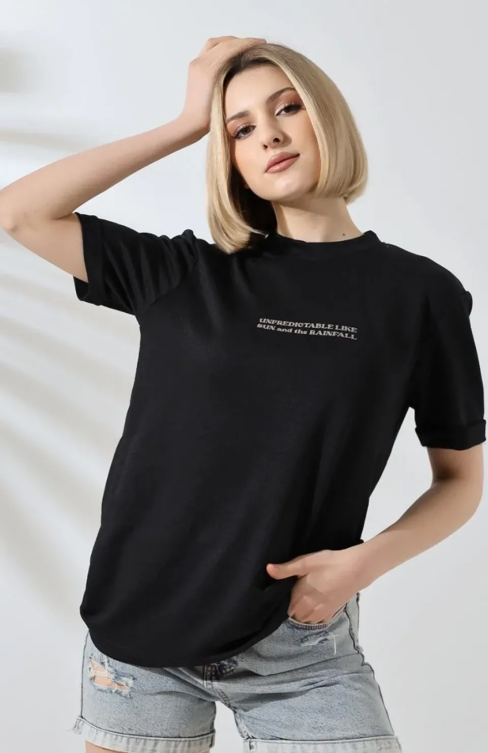 Unisex Bisiklet Yaka Baskılı Slim Fit T-Shirt - Siyah