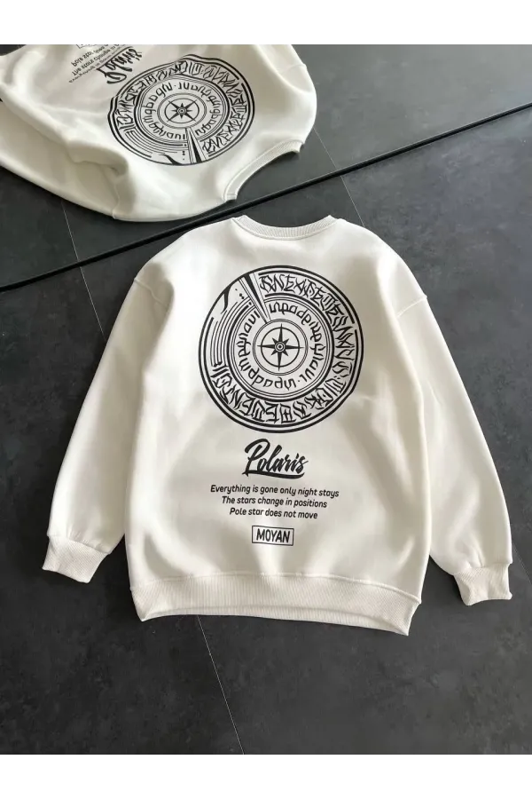 Kışlık Bisiklet Yaka Ön Ve Arka Baskılı SweatShirt - Beyaz