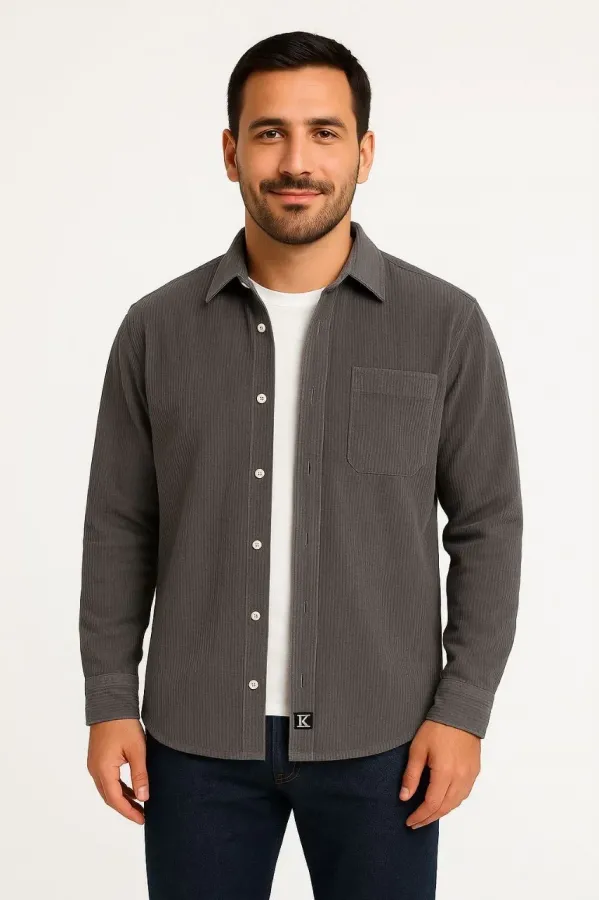 Erkek Fitilli Kadife Cepli Gömlek Oversize Rahat Kalıp - Füme