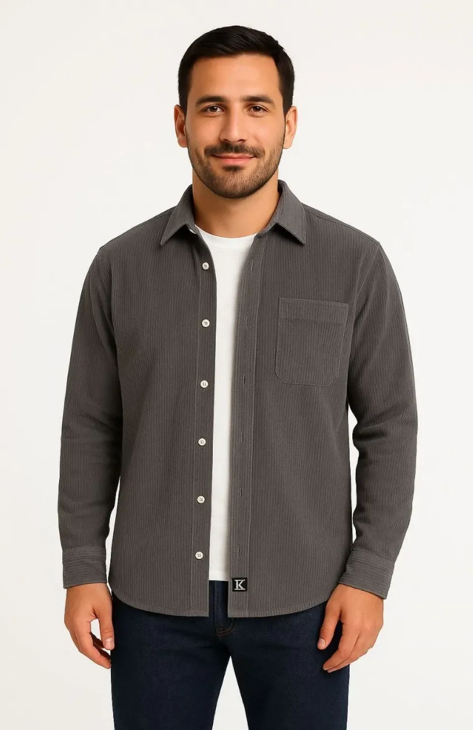 Erkek Fitilli Kadife Cepli Gömlek Oversize Rahat Kalıp - Füme