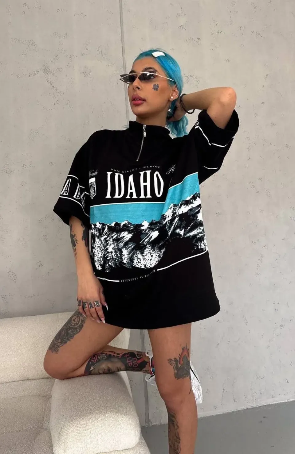 Unisex Baskılı Yarım Fermuarlı T-Shirt - Siyah