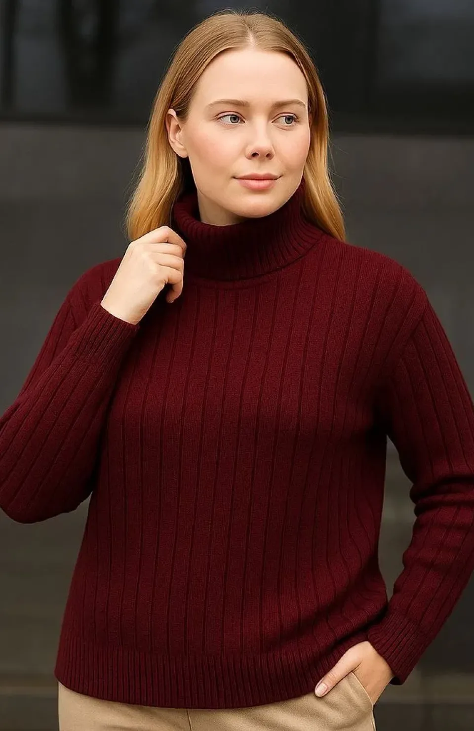 Kadın Balıkcı Yaka Bağazlı Triko Kazak Pamuklu Kalın Fitilli Dokuma - Bordo