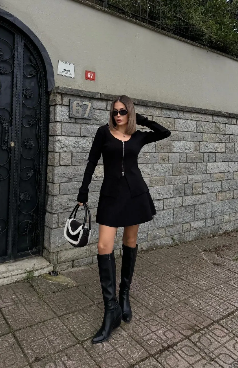 İkili Fermuarlı Hırkalı Etekli Takım - Siyah