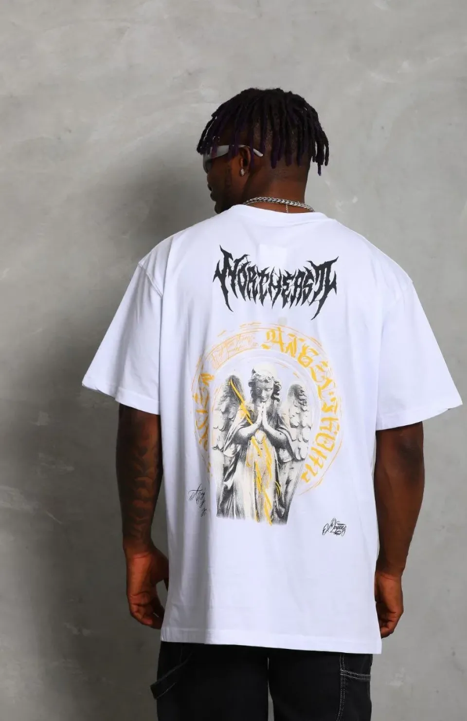 Unisex Oversize Baskılı Bisiklet Yaka T-Shirt - Beyaz