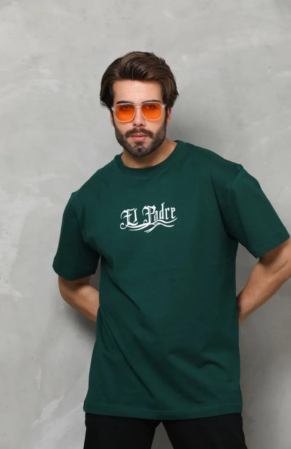 Unisex Bisiklet Yaka Baskılı Oversize T-Shirt - Yeşil