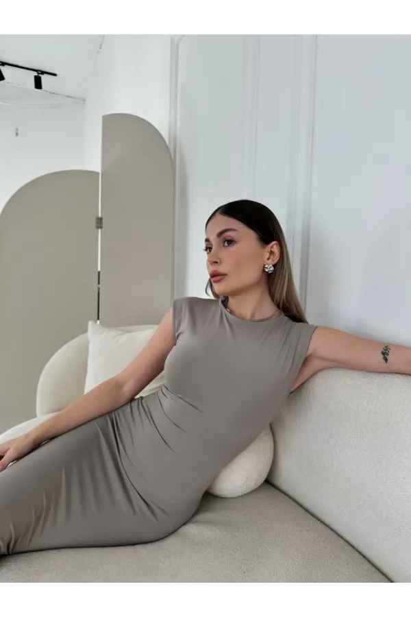 Kolsuz Uzun Likralı Elbise - Gri