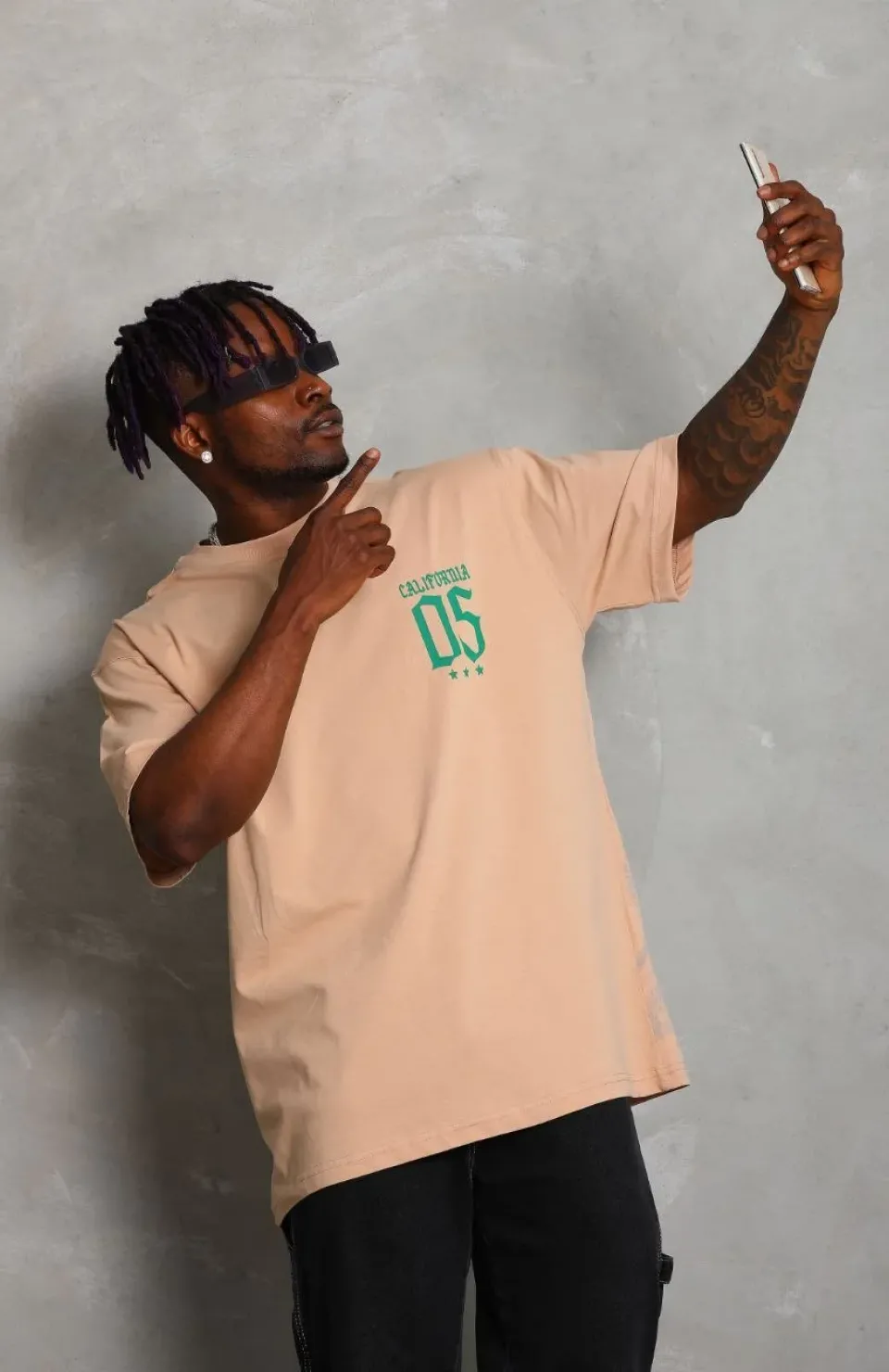 Unisex Oversize Baskılı Bisiklet Yaka T-Shirt - Bej