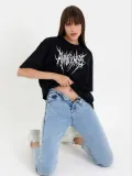 Unisex Bisiklet Yaka Baskılı Oversize T-Shirt - Siyah