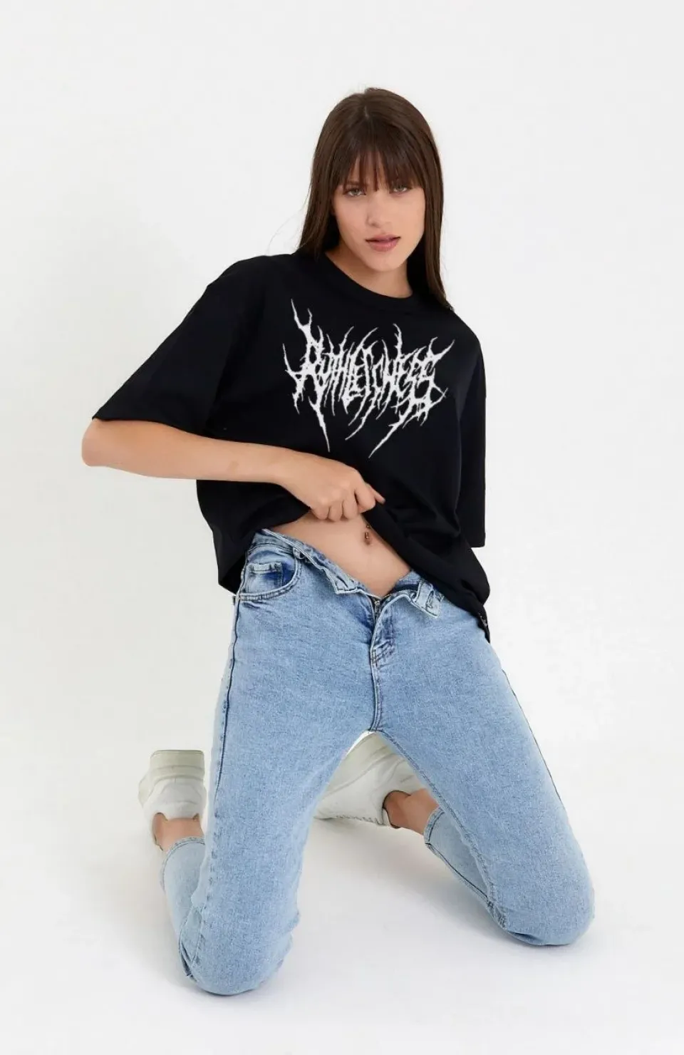 Unisex Bisiklet Yaka Baskılı Oversize T-Shirt - Siyah