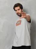 Unisex Bisiklet Yaka Baskılı Oversize T-Shirt - Gri