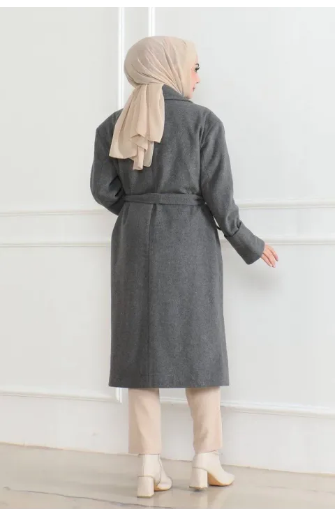 Beli Kuşaklı Yünlü Dokuma Kaşmir Kaban - Gri