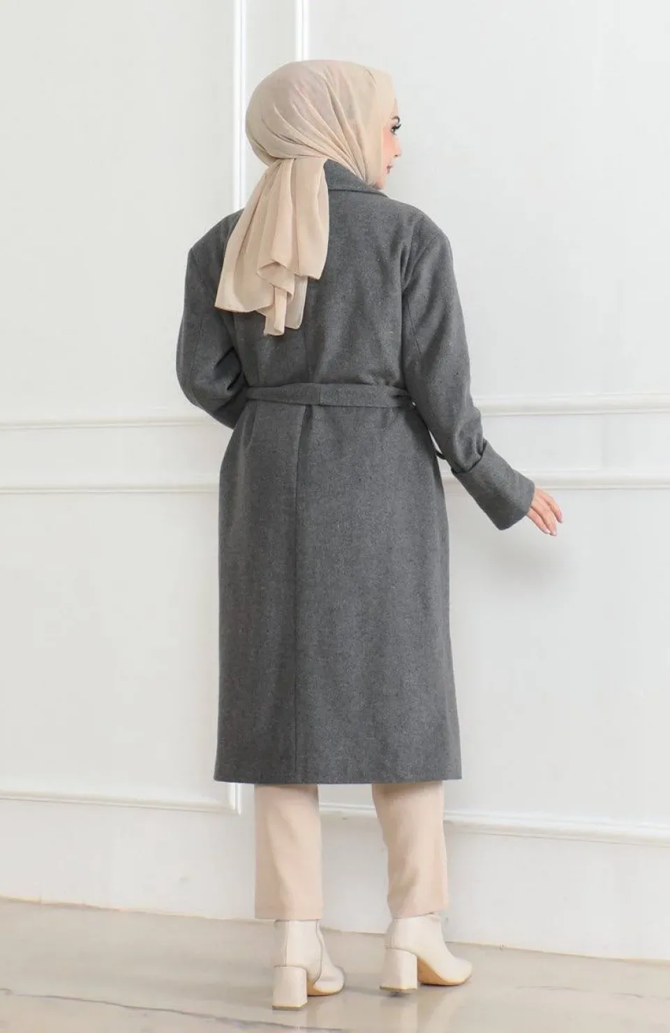 Beli Kuşaklı Yünlü Dokuma Kaşmir Kaban - Gri Somersan Giyim | Kadın, Erkek ve Çocuk Moda