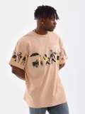 Unisex Bisiklet Yaka Baskılı Oversize T-Shirt - Bej