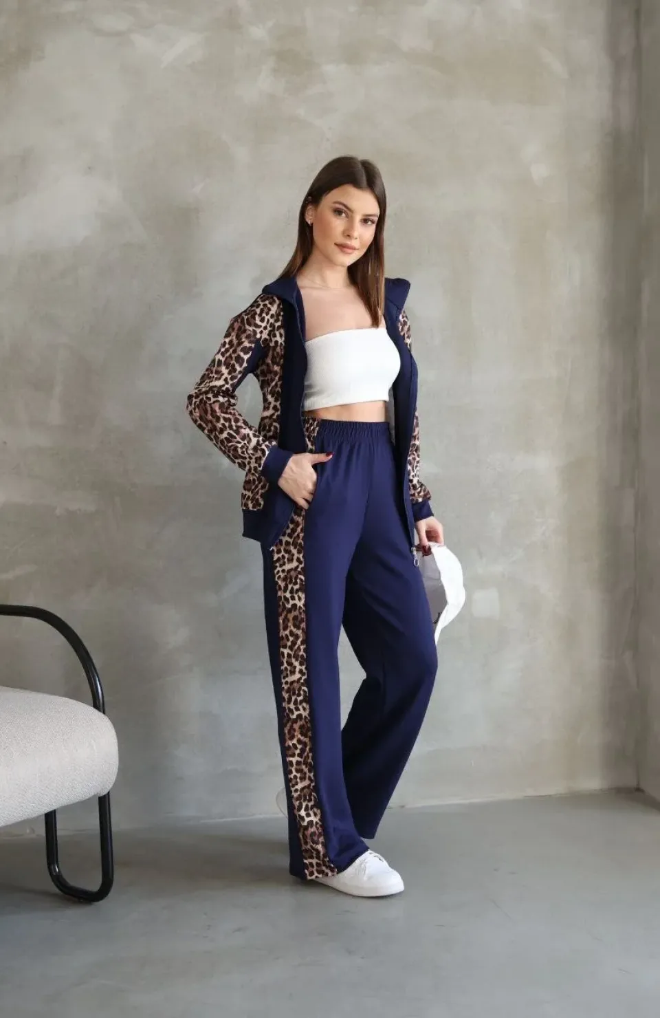 Osy Modal Yumuşak Dokulu Kumaş Kapüşonlu Leopar Desenli Fermuarlı Takım - Lacivert