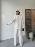 Keten Ceket Pantolon İlik Düğmeli Uzun Kollu Yırtmaçlı ikili Takım - Beyaz