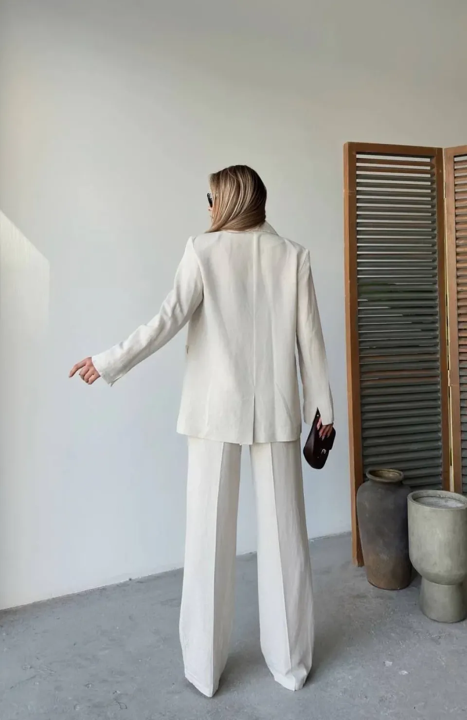 Keten Ceket Pantolon İlik Düğmeli Uzun Kollu Yırtmaçlı ikili Takım - Beyaz