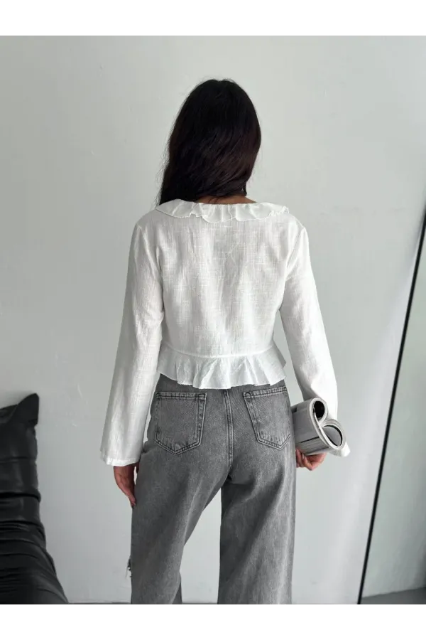 Keten Uzun Kol Bağacık Detaylı Bluz - Beyaz