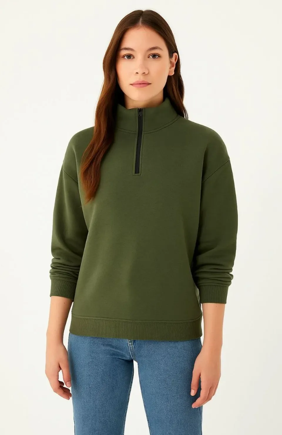 Kadın Üç İplik Dık Yaka Yarım Fermuarlı SweatShirt - Haki