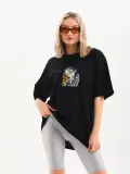 Unisex Baskılı Oversize T-Shirt - Siyah