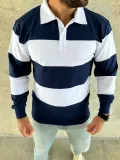 Erkek Polo Yaka Uzun Kollu Çizgili Sweatshirt Trend Rugby Stil - Lacivert