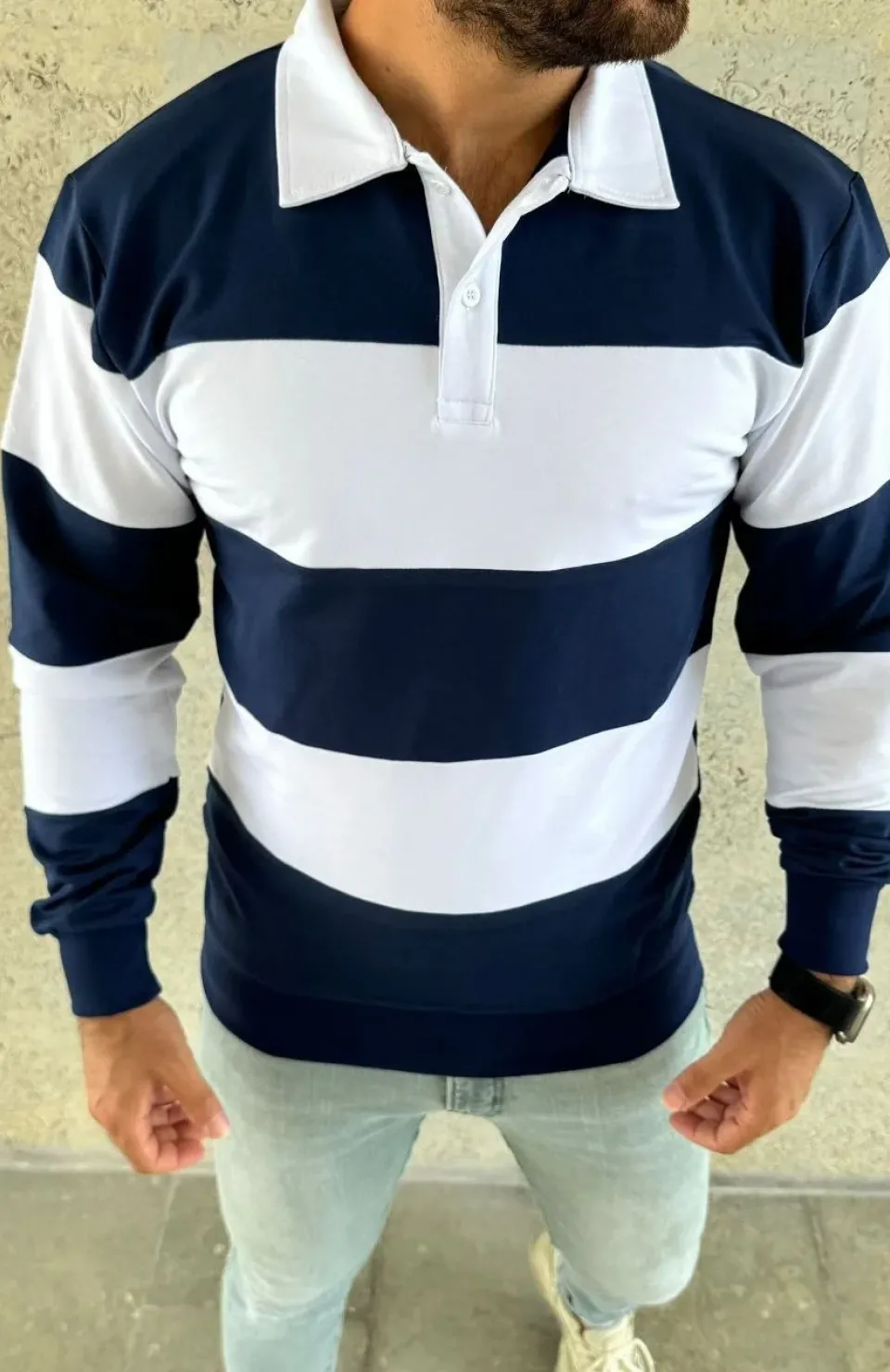 Erkek Polo Yaka Uzun Kollu Çizgili Sweatshirt Trend Rugby Stil - Lacivert