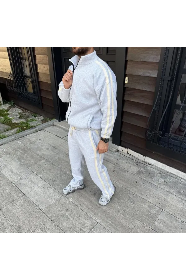 Erkek Çift Şeritli Eşofman Takım Dik Yaka Fermuarlı Sweatshirt Boru Paça Alt, Oversize 3 iplik Pamuklu - Gri
