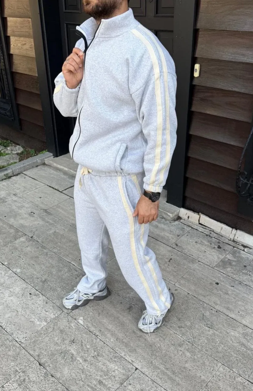 Erkek Çift Şeritli Eşofman Takım Dik Yaka Fermuarlı Sweatshirt Boru Paça Alt, Oversize 3 iplik Pamuklu - Gri