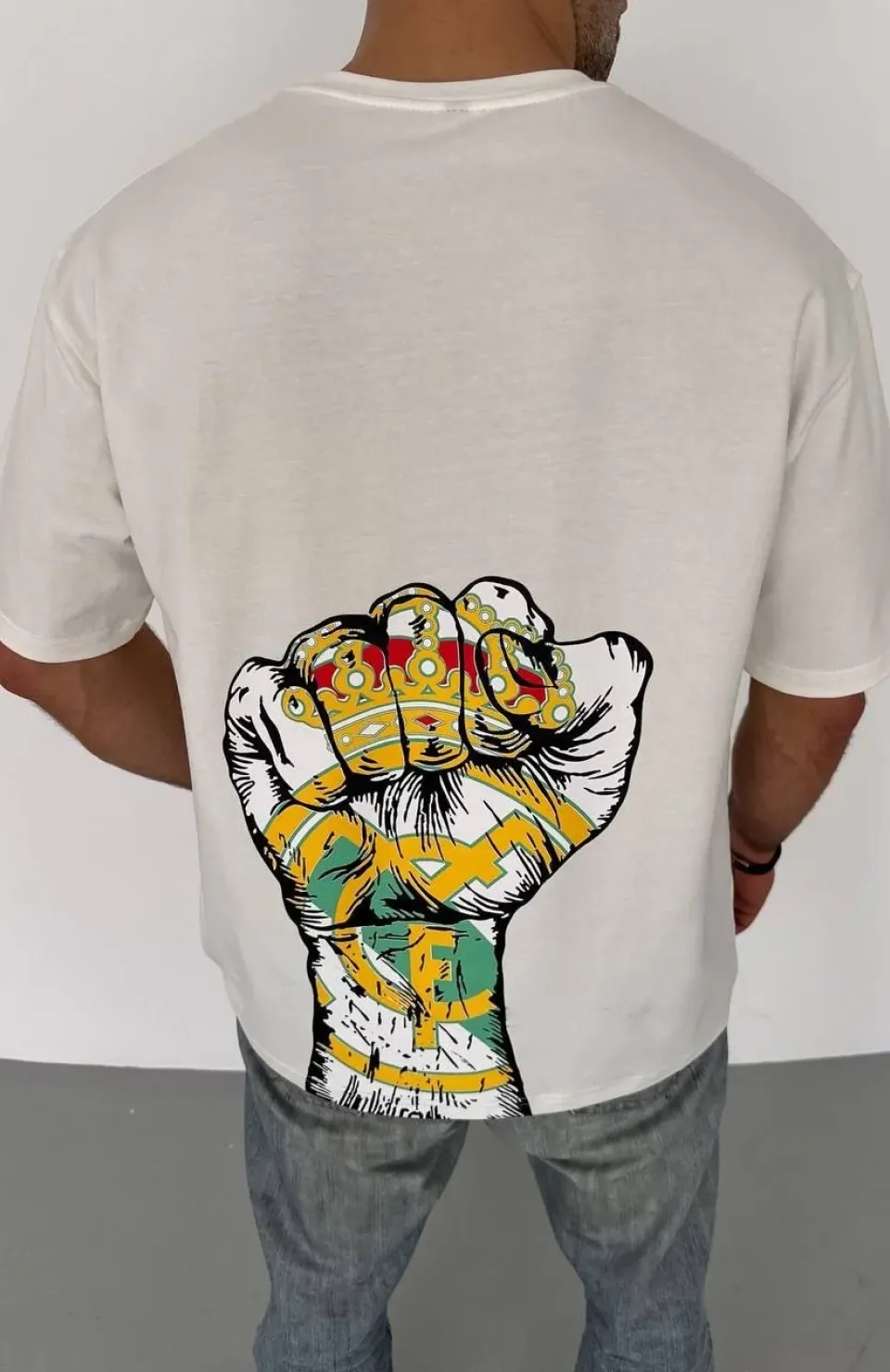 Unisex Bisiklet Yaka Baskılı Oversize T-Shirt - Beyaz