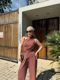 Kadın Keten Asimetrik Tek Omuzlu Bluz Pantalon Takım- Bordo