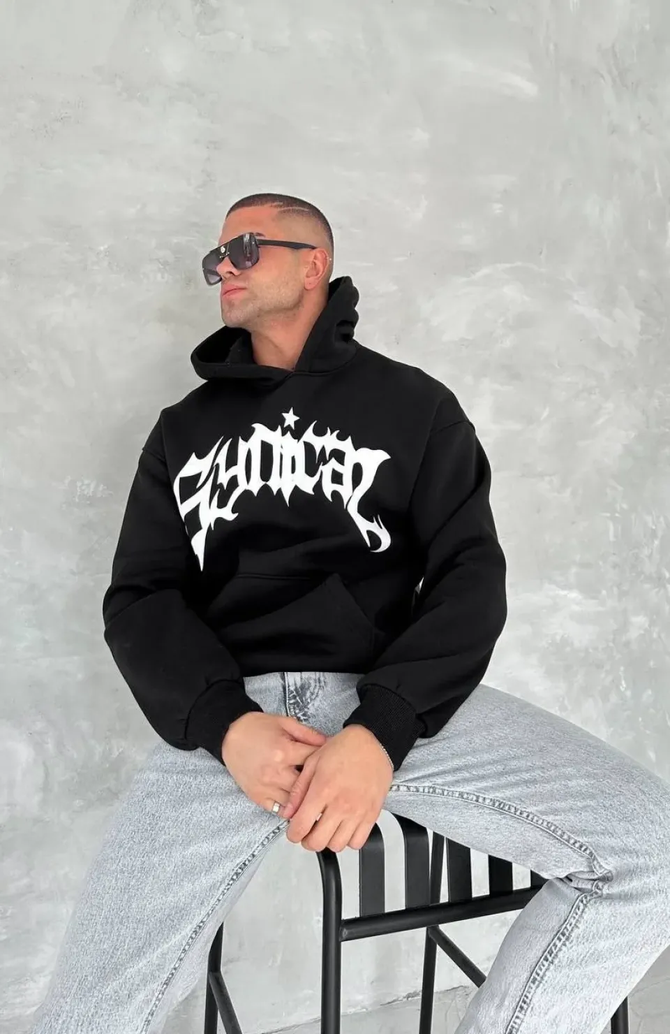 Unisex Üç İplik Kapüşonlu Baskılı SweatShirt - Siyah