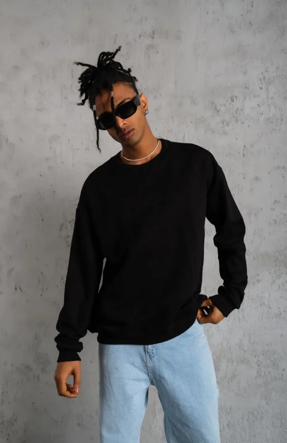 Erkek Düz Bisiklet Yaka Sweat - Siyah