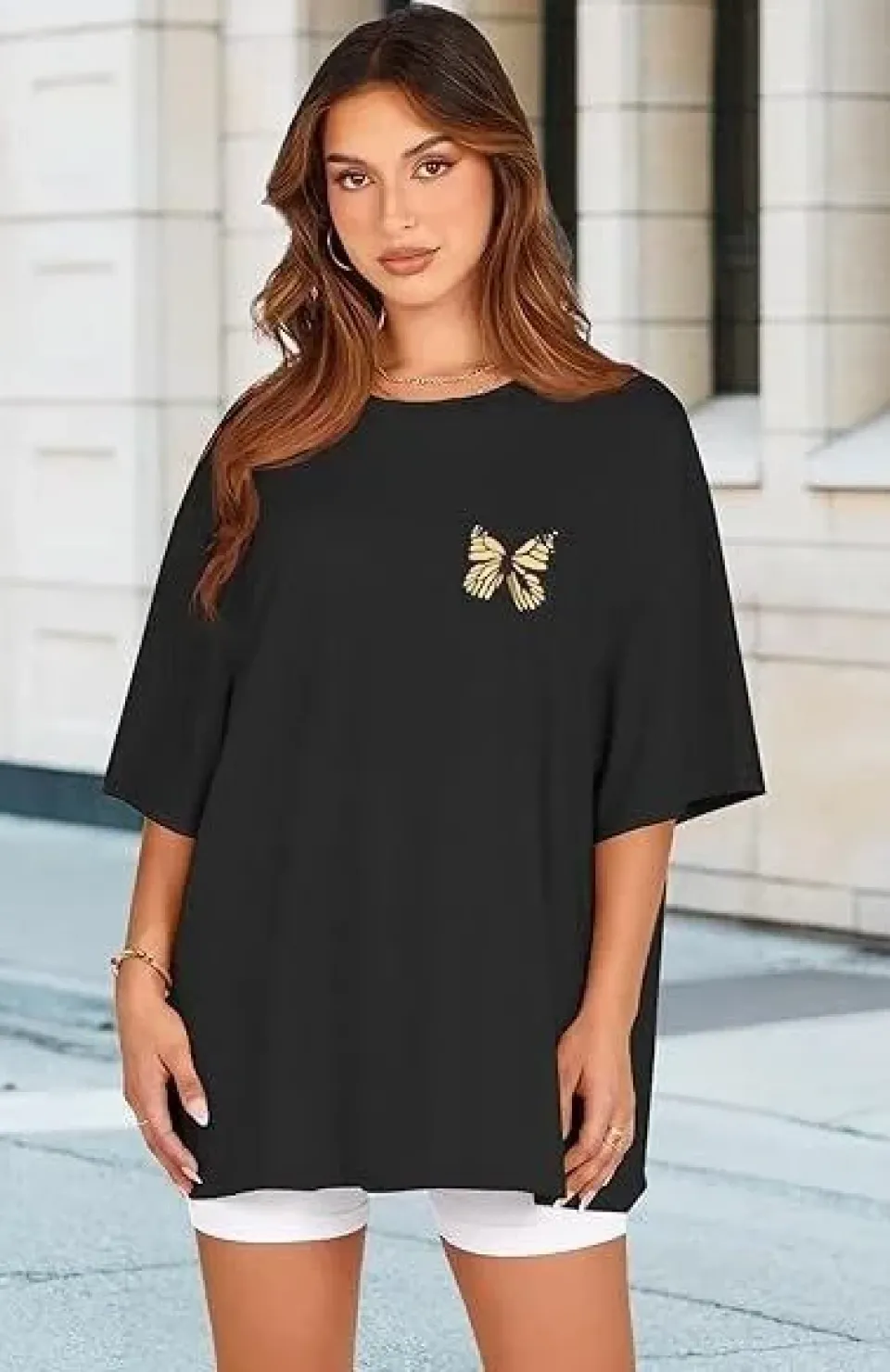 Kadın Bisiklet Yaka Baskılı T-shirt - Siyah