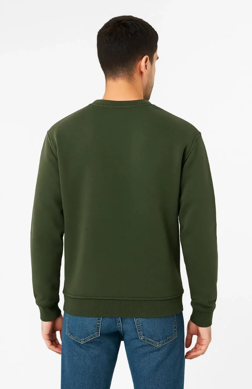 Erkek Üç İplik Düz Bisiklet Yaka SweatShirt - Haki