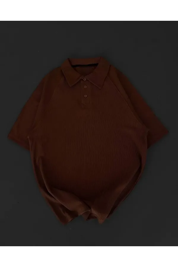 Yakalı Patlı Kısa Kol T-shirt - Kahverengi