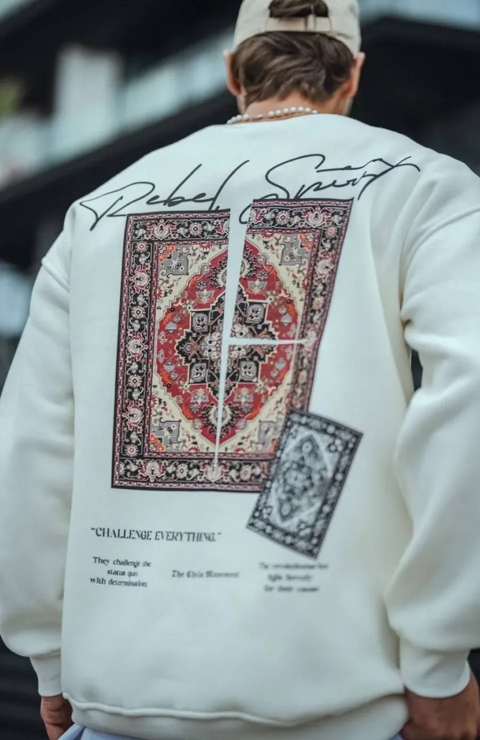 Uzun Kol Bisiklet Yaka Baskılı SweatShirt - Beyaz