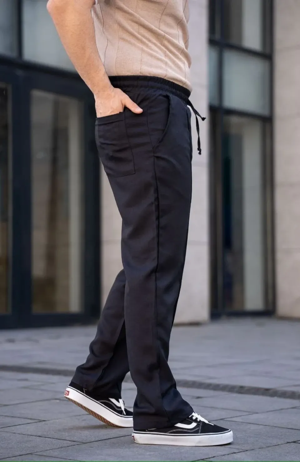 Erkek Keten Cepli Çıma Dikişli jogger Buggy Pantalon Rahat kalıp - Siyah