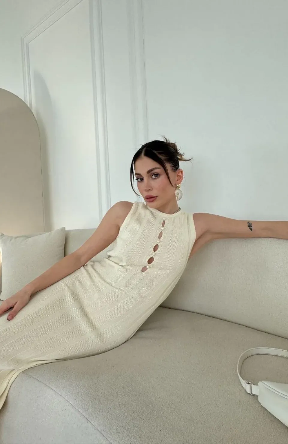 Kalın Fitilli Uzun Triko Elbise - Kırık Beyaz