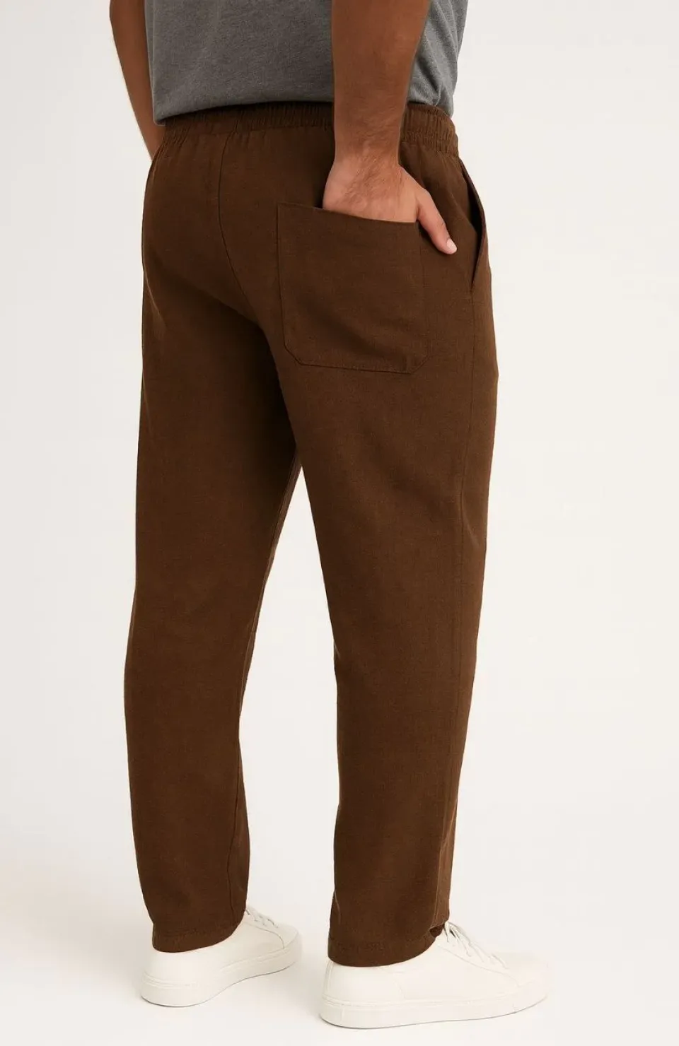 Erkek Keten Pantolon – Cepli, Beli Lastikli ve Bağcıklı, Nefes Alan Rahat Kalıp, Yazlık ve Baharlık Günlük Giyim, Şık & Konforlu Boru Paça Model - Kahverengi