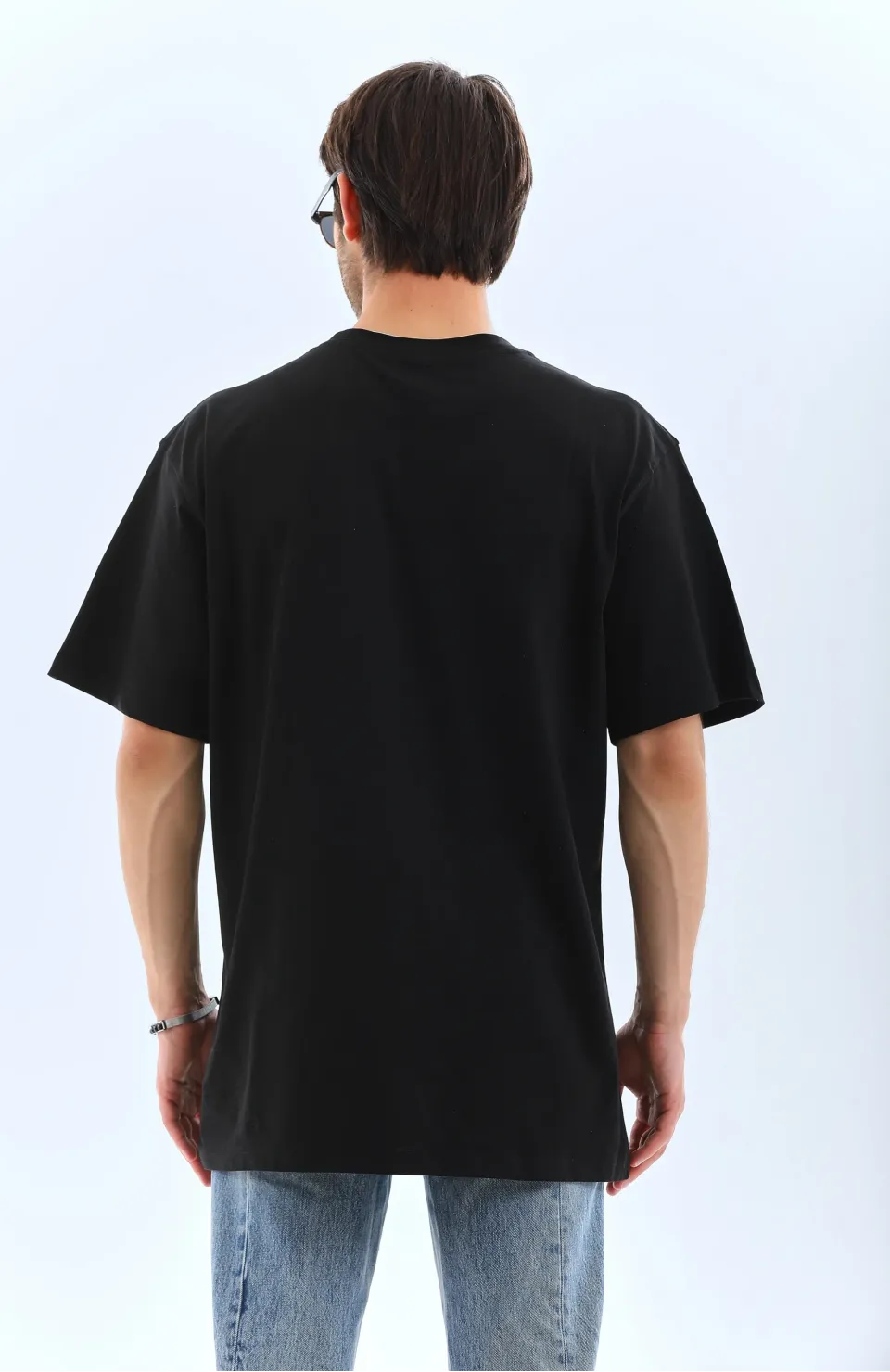 Unisex Oversize Taşlı Bisiklet Yaka T-Shirt - Siyah