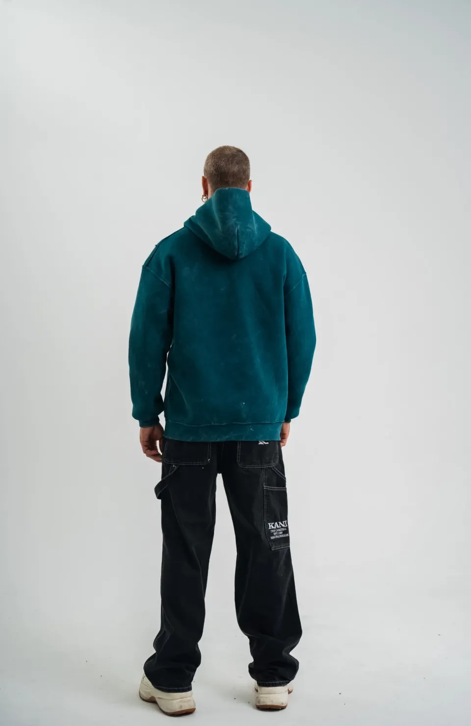 Unisex Uzun Kol Kapşonlu Yıkamalı Nakışlı SweatShirt - Koyu Deniz Yeşili