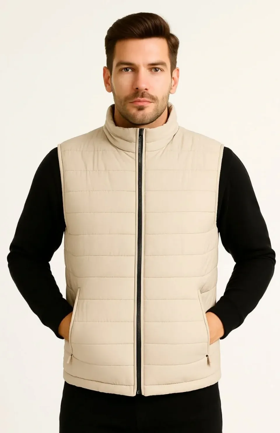 Erkek Şişme Fermuarlı Yelek Su itici Kapitone Astarlı Kumaş Cepli Hafif Kışlık Spor Rahat Kalıp -Bej Somersan Giyim | Kadın, Erkek ve Çocuk Moda