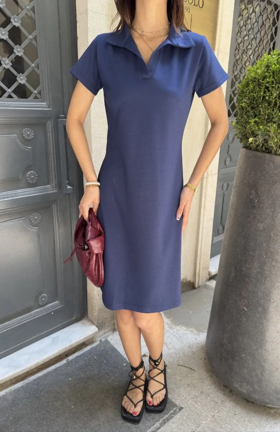 Osy Modal Yumuşak Dokulu Kumaş Yakalı Kısa Kollu Elbise - Mavi