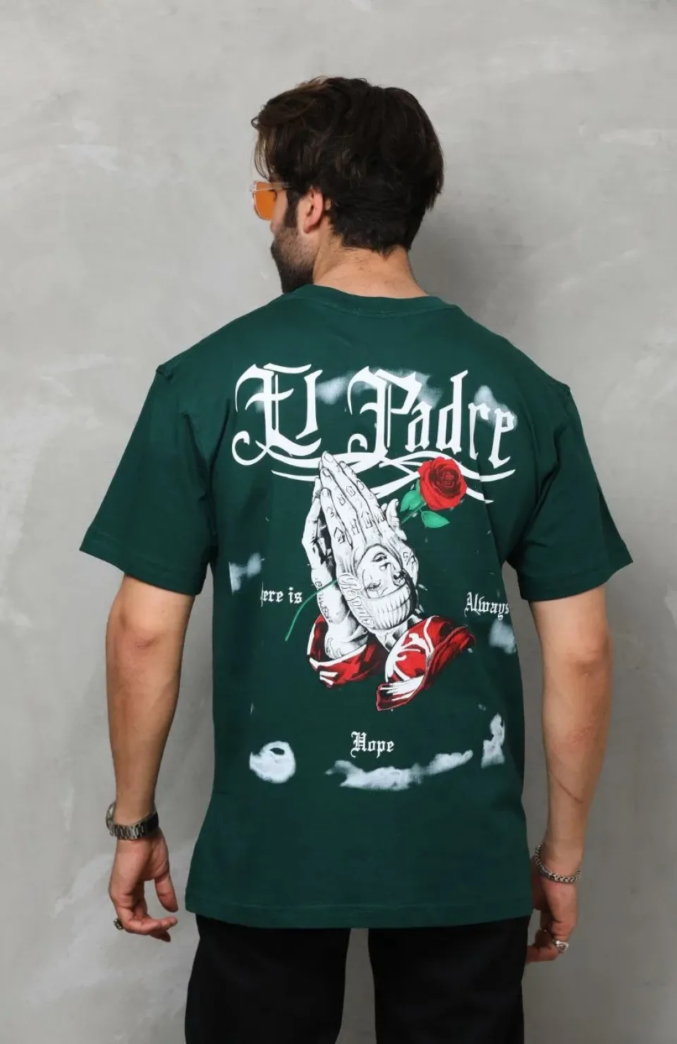 Unisex Bisiklet Yaka Baskılı Oversize T-Shirt - Yeşil