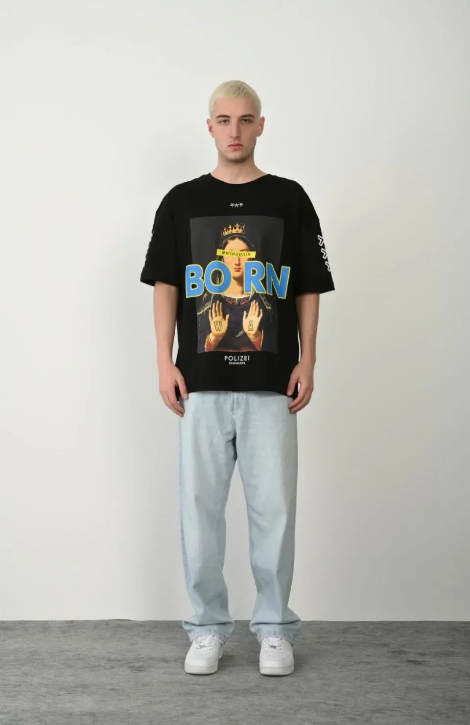 Unisex Baskılı Bisiklet Yaka Oversize T-Shirt - Siyah