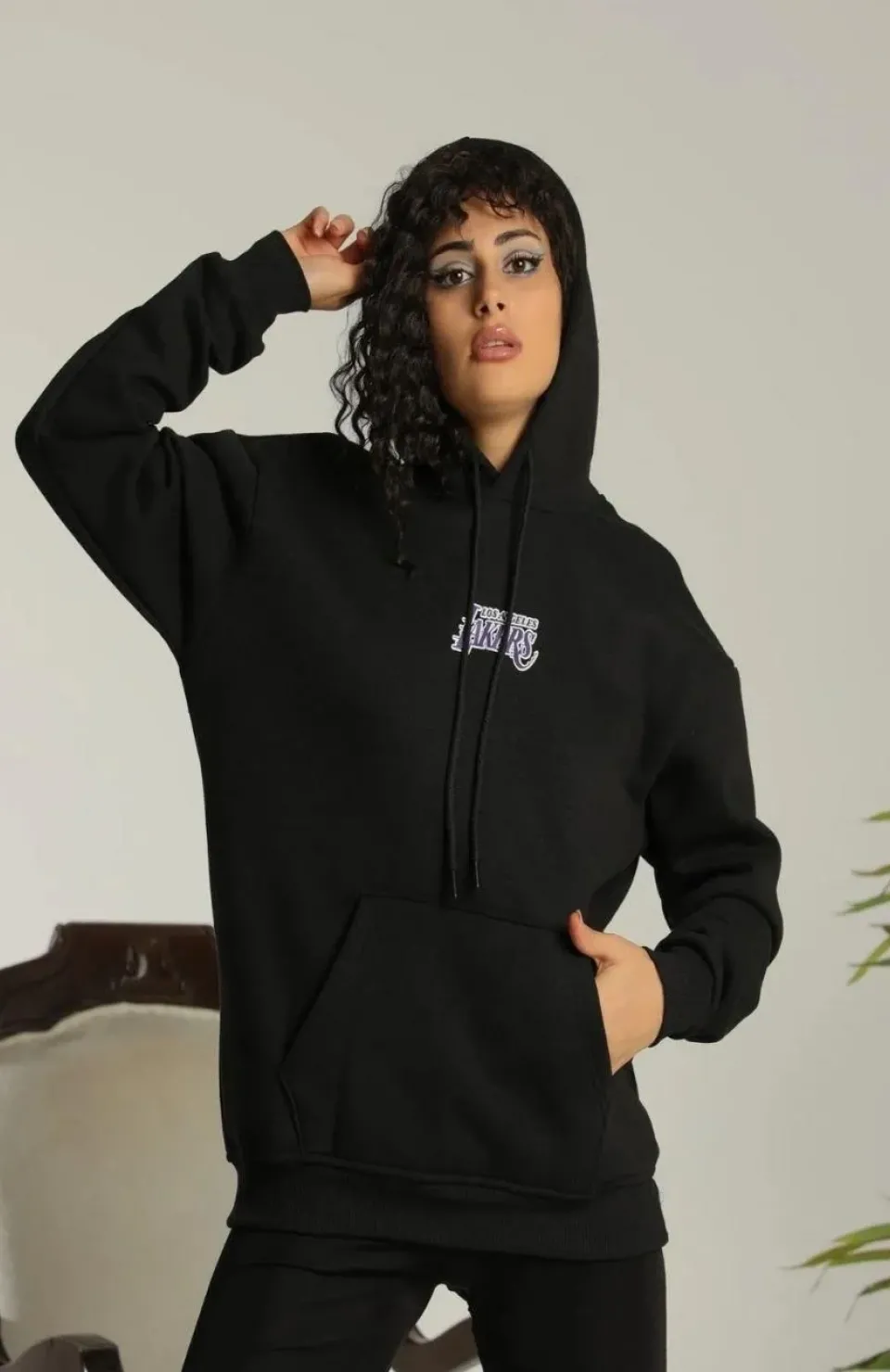 Kadın Baskılı Oversize Üç İplik Kapüşonlu Sweatshirt - Siyah Somersan Giyim | Kadın, Erkek ve Çocuk Moda