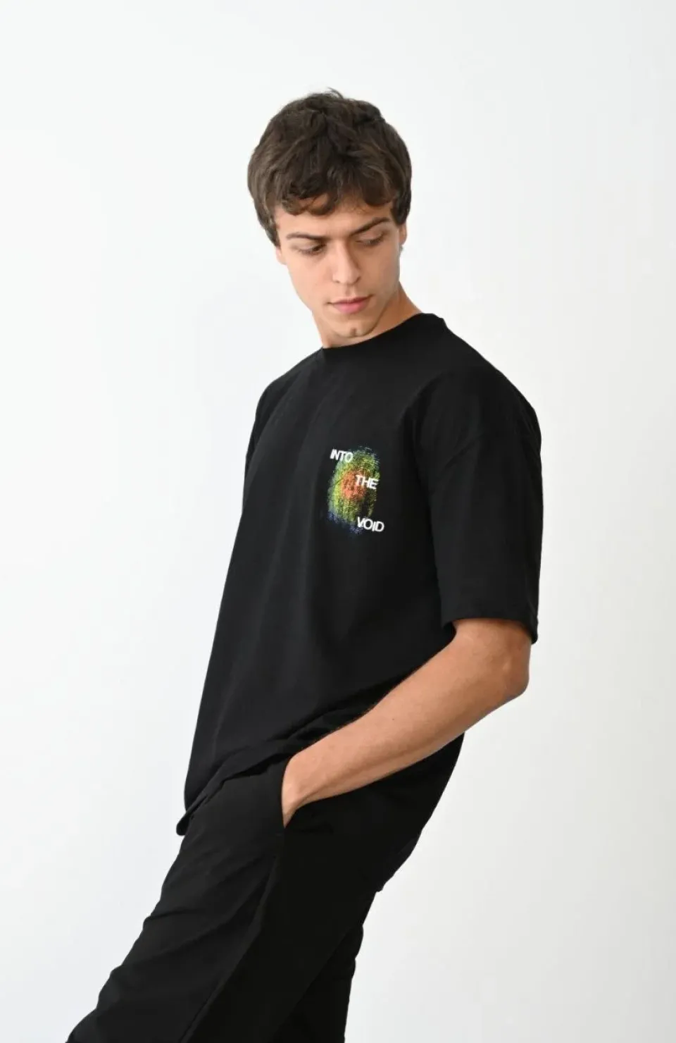 Unisex Bisiklet Yaka Baskılı Oversize T-Shirt - Siyah