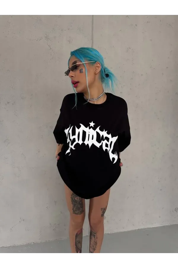 Unisex Bisiklet Yaka Baskılı Oversize T-Shirt - Siyah