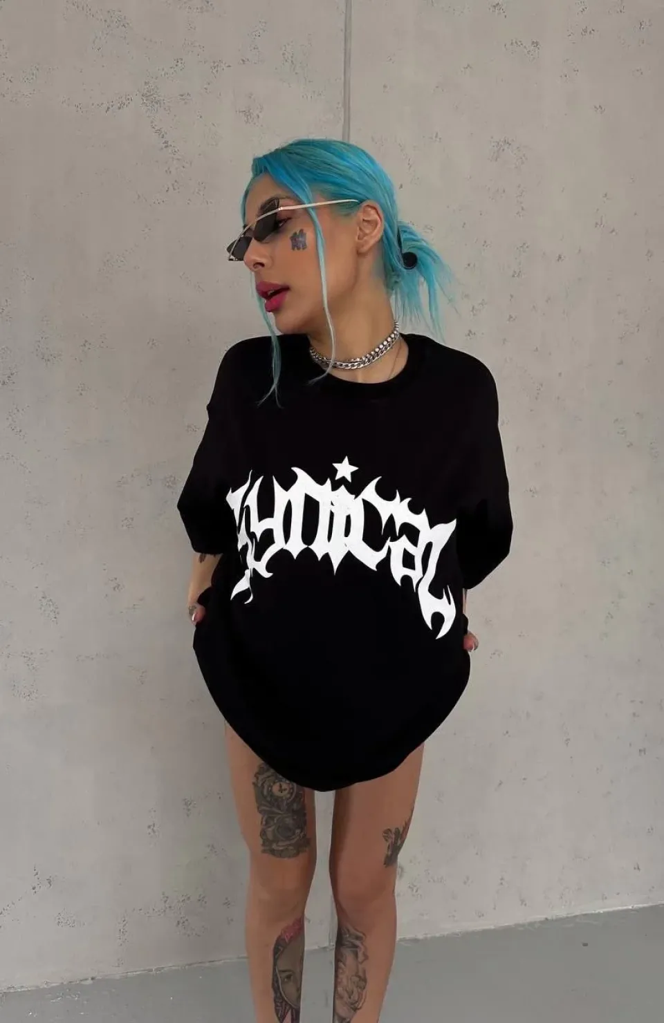Unisex Bisiklet Yaka Baskılı Oversize T-Shirt - Siyah