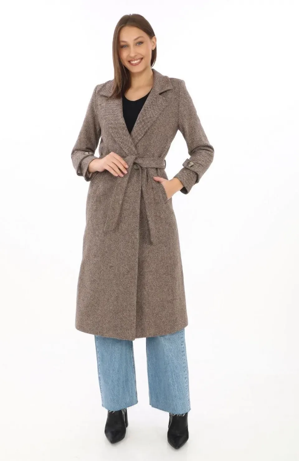 Kadın Astarlı Balık Sırtı Kaşmir Kaşe Kaban - Vizon